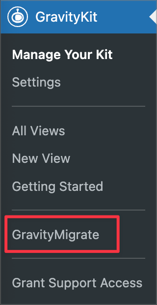 Il collegamento GravityMigrate sotto la voce di menu GravityKit