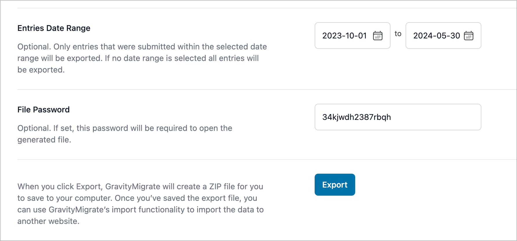 Opções de GravityMigrate; existe uma opção para definir um intervalo de datas e outra opção para definir uma senha para o arquivo de exportação.