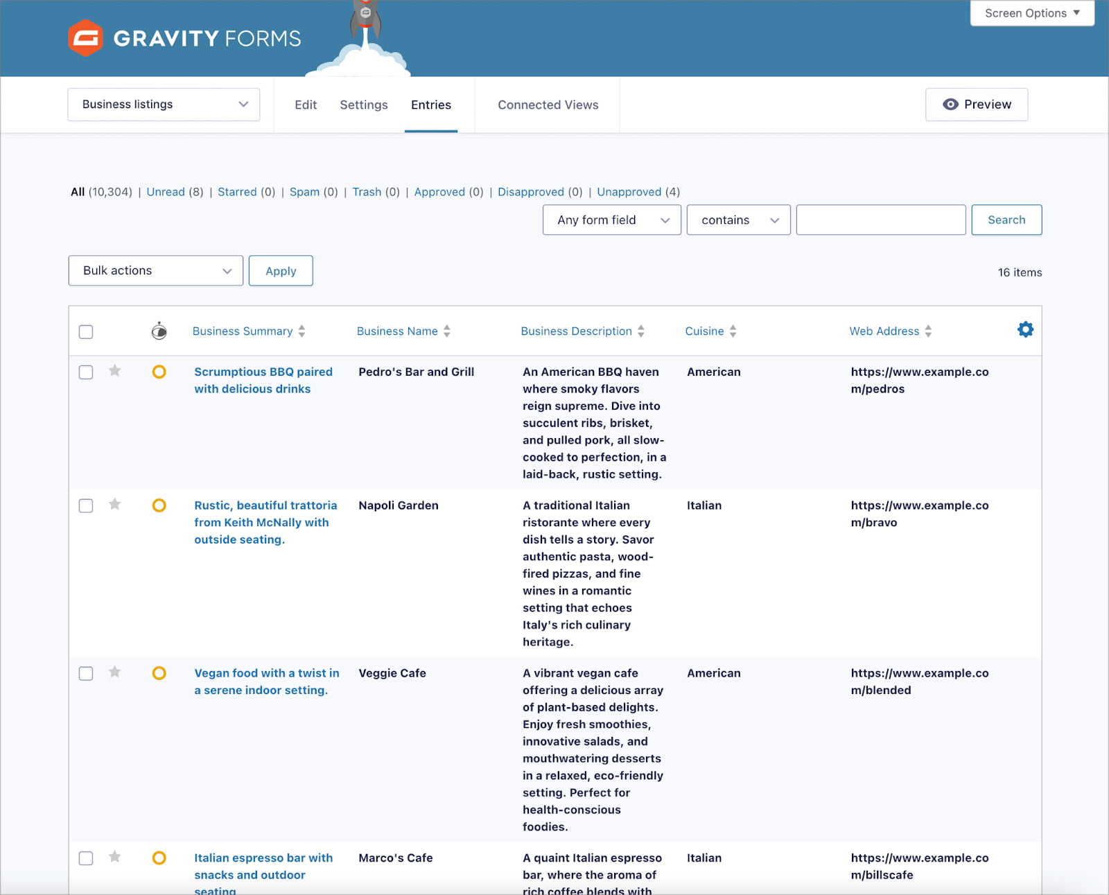 Pagina „Inregistrări” din Gravity Forms;