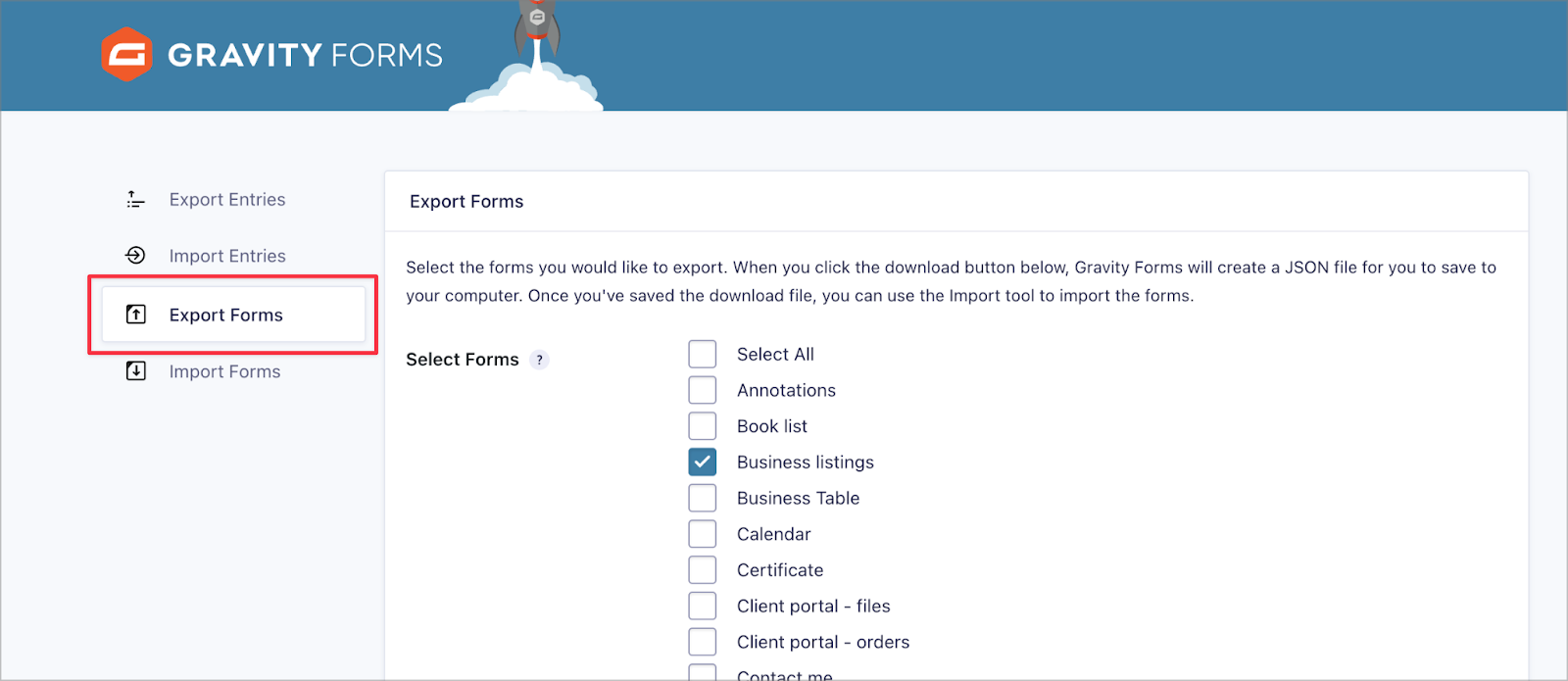 Pagina „Export Forms” din Gravity Forms