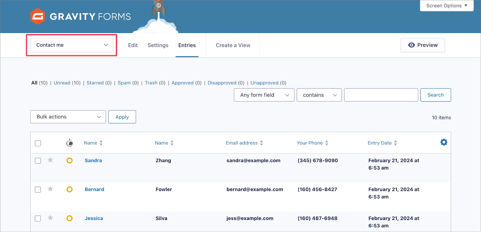 Halaman 'Entri' dalam Bentuk Gravitasi; ada dropdown di kiri atas yang memungkinkan Anda memilih formulir tertentu untuk melihat entri yang terkait dengan formulir itu