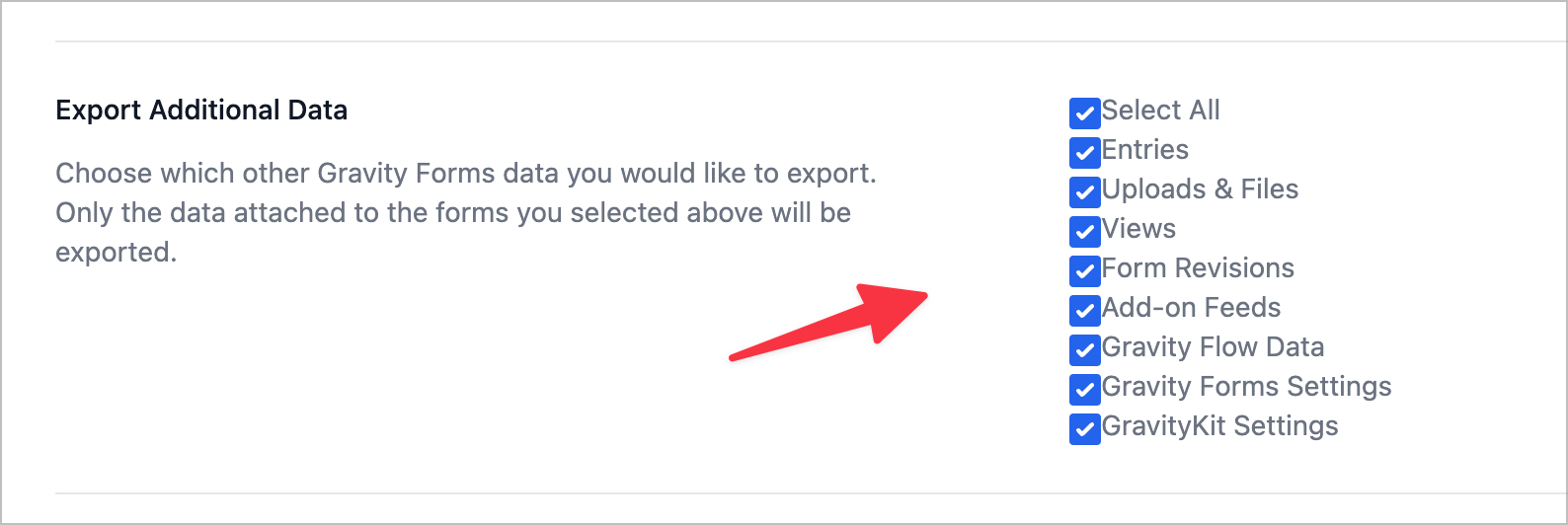 La configuración de exportación en GravityMigrate;  Aquí hay casillas de verificación que le permiten exportar datos adicionales de Gravity Forms.