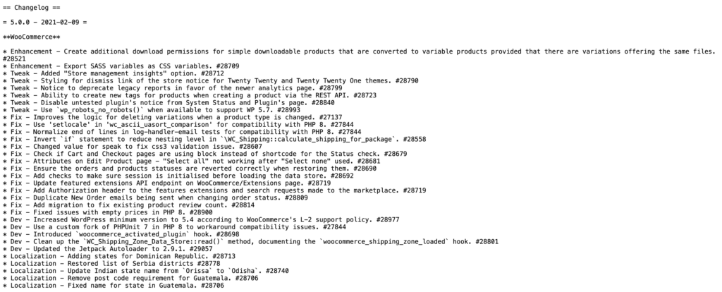 Beispiel eines WooCommerce-Änderungsprotokolls für Version 5.0.0, das Updates, Fehlerbehebungen und Verbesserungen zeigt. Quelle: WooCommerce Changelog.