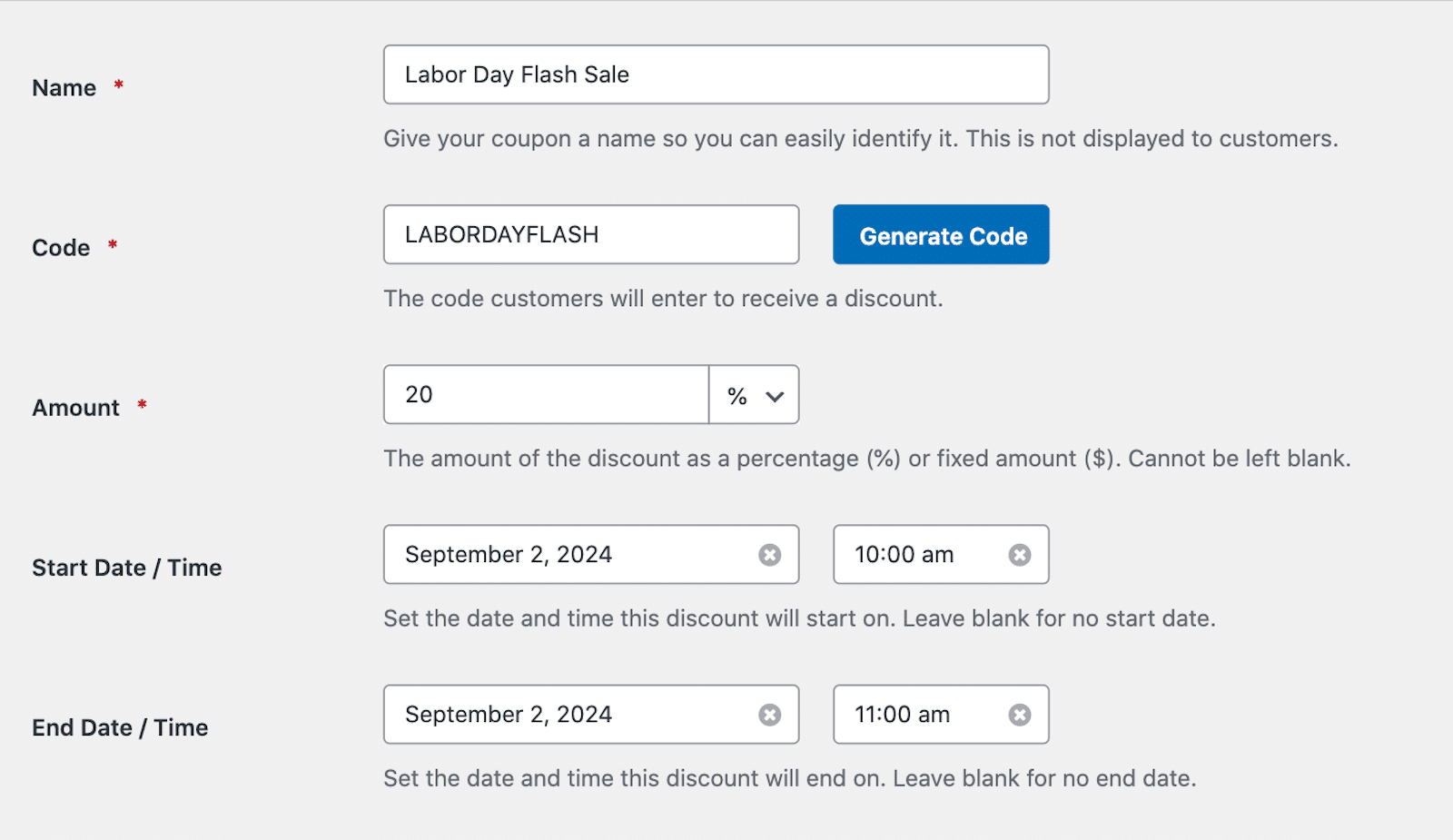 Setting the time limit for a coupon