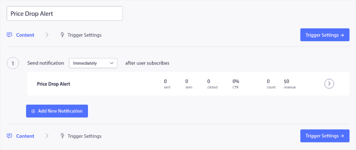 Configuración de contenido de alerta de caída de precio