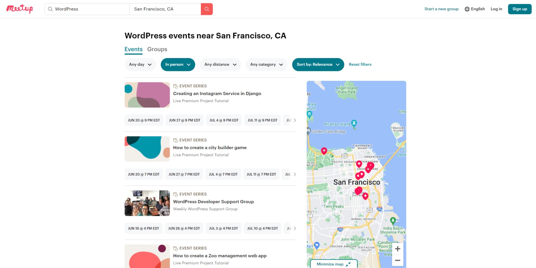 Una captura de pantalla de los eventos de WordPress en Meetup
