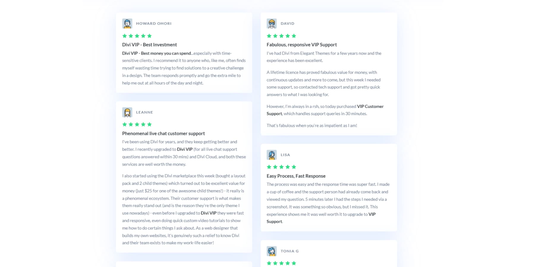 Divi の VIP の証言のスクリーンショット