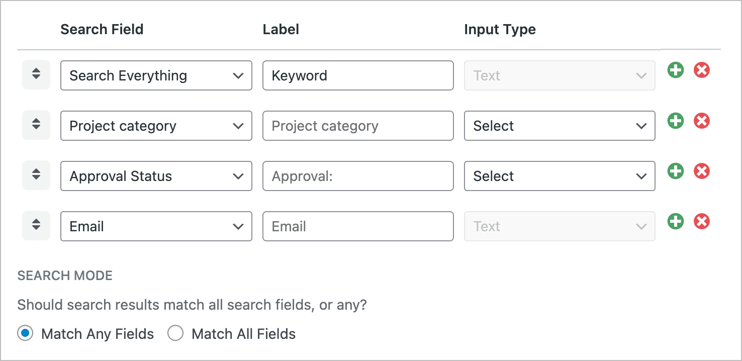 Les paramètres du widget de la barre de recherche ; il y a plusieurs entrées de recherche configurées ici avec la possibilité d'en ajouter d'autres