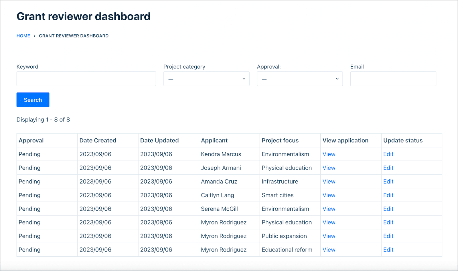 Un tablou de bord pentru examinator de granturi ca aplicație web WordPress. Există o bară de căutare în partea de sus și un tabel cu aplicații mai jos