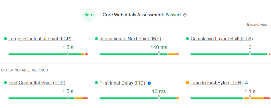 การประเมิน Core Web Vitals ที่ผ่าน