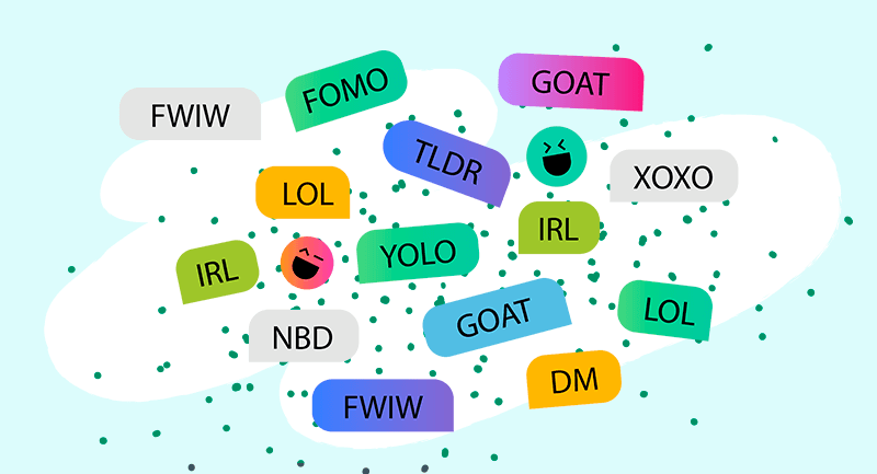 Un tableau à bulles de différents émojis et initialismes d'argot.