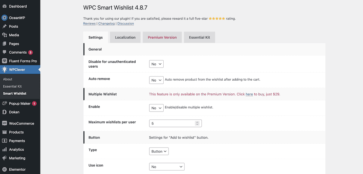 La página de configuración de WPC Smart Wishlist para WooCommerce.