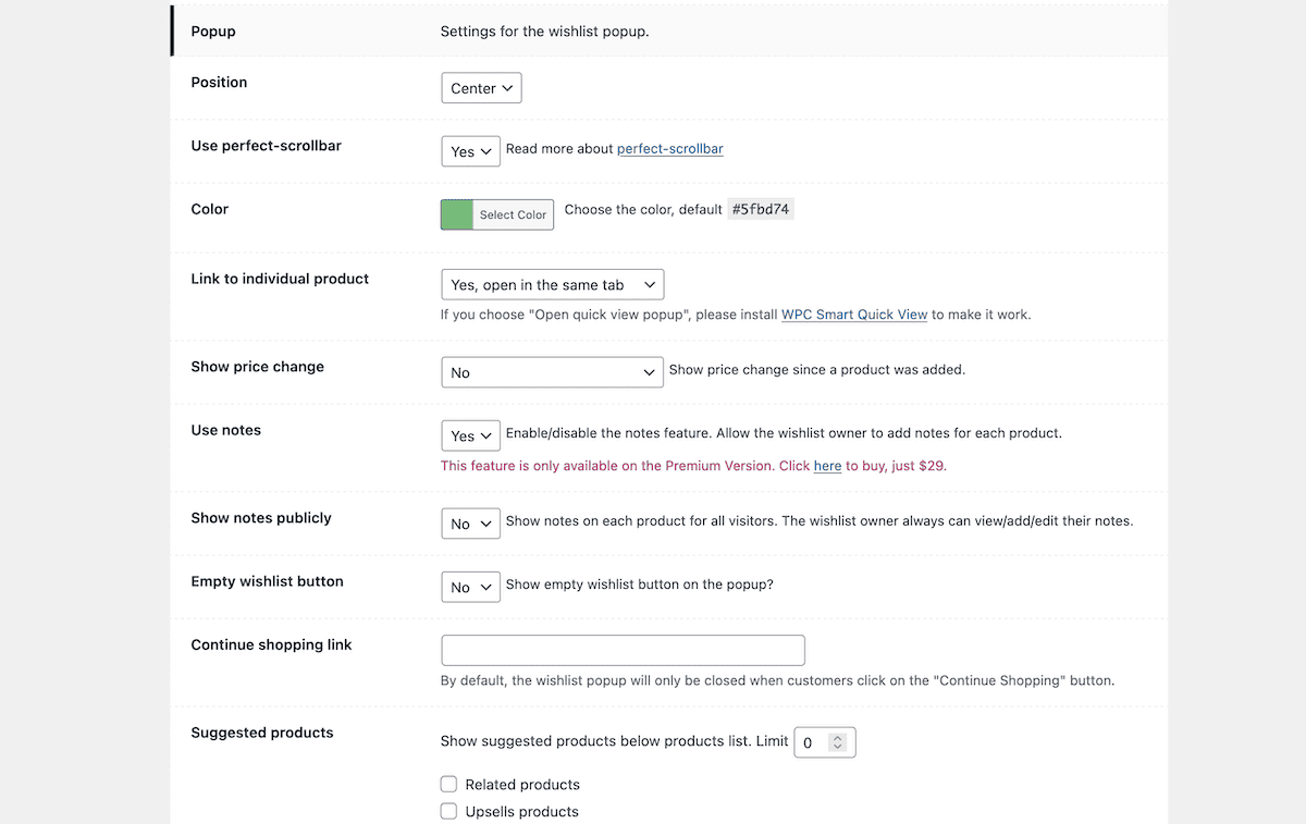 Las opciones emergentes para el complemento WPC Smart Wishlist para WooCommerce.