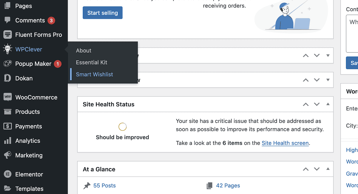 O painel do WordPress mostrando o link da Lista de desejos inteligente.