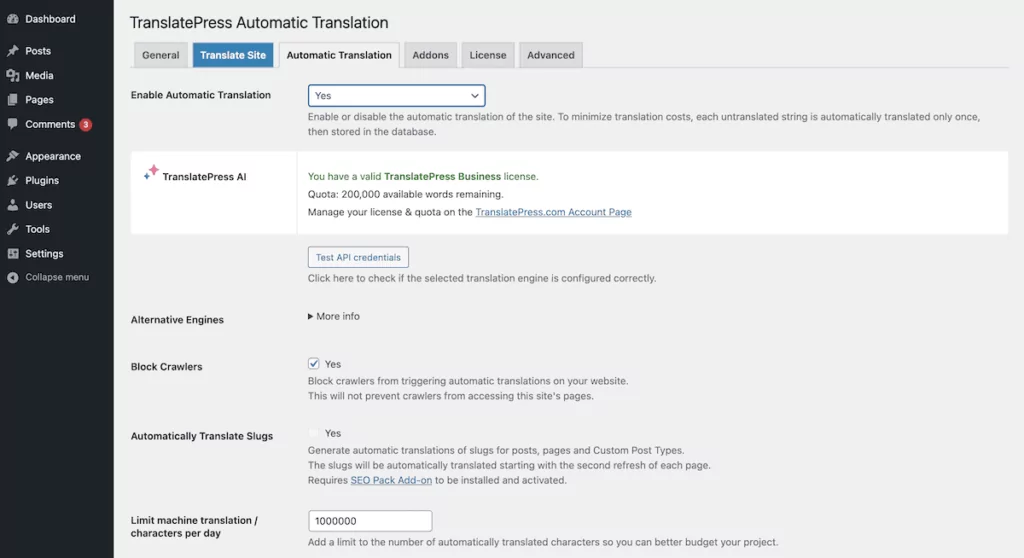 صفحة الترجمة التلقائية ضمن إعدادات WordPress الخاصة بـ TranslatePress.