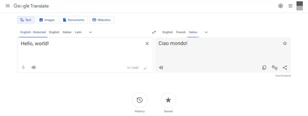 Основной интерфейс Google Translate.