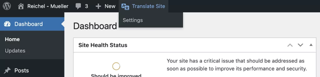 Le bouton Traduire le site pour TranslatePress.