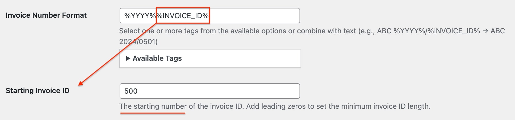 ID fattura iniziale per il componente aggiuntivo PDF Invoice.