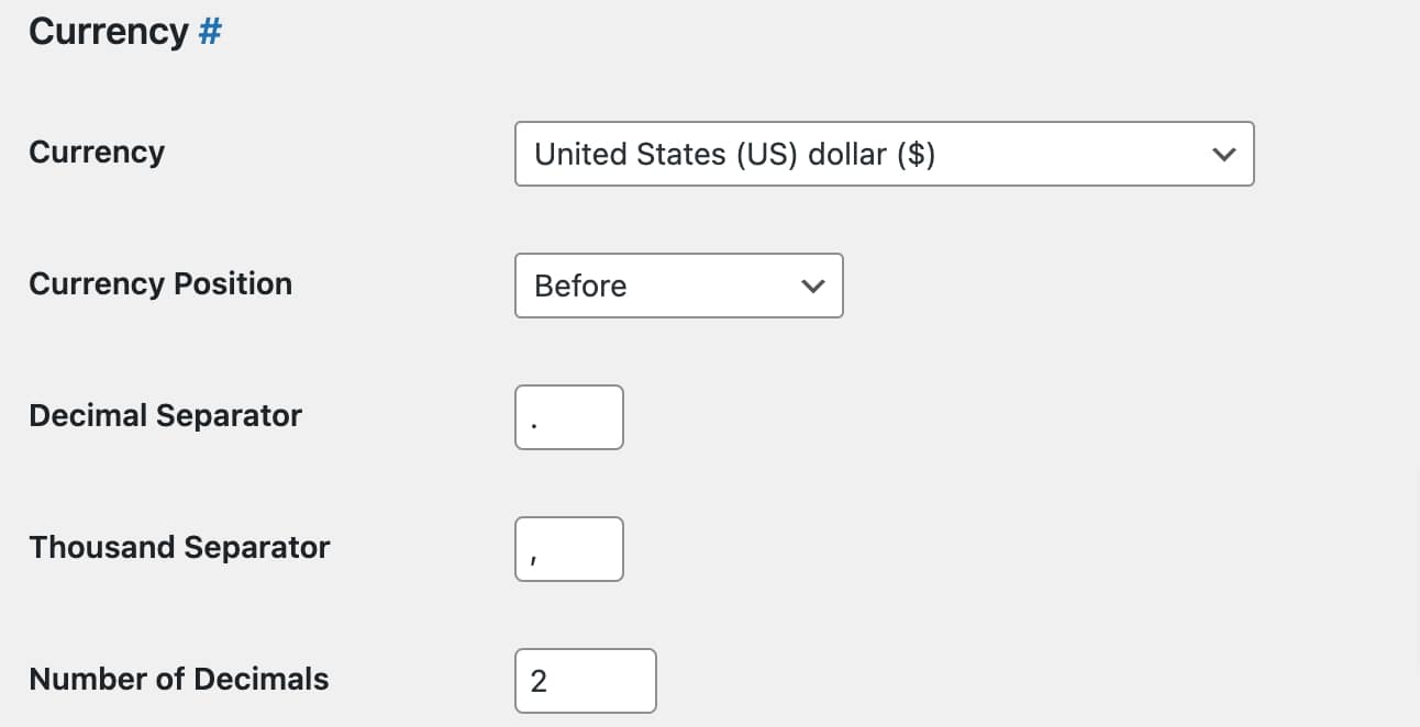 Configuración de moneda.