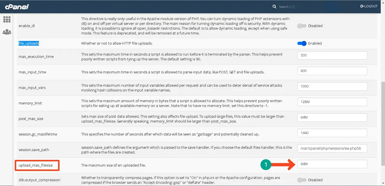 cPanel upload max file size