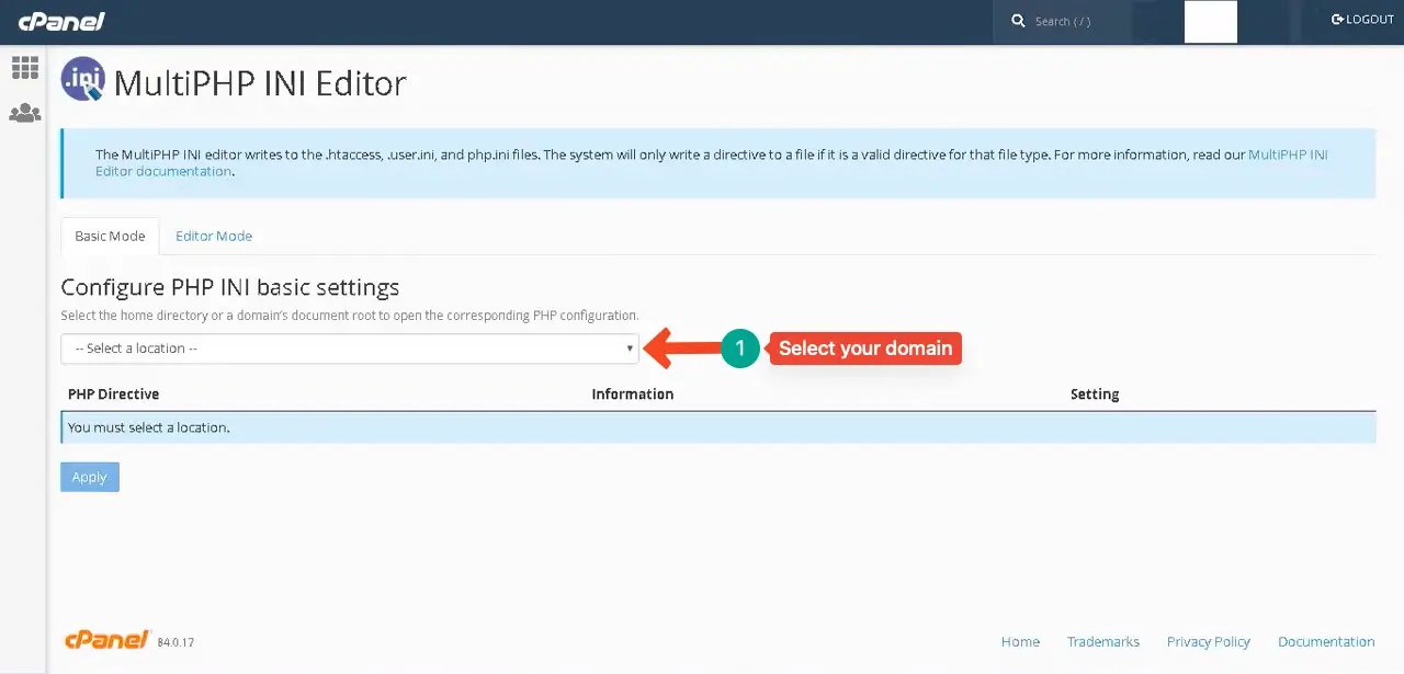 Select the domain whose PHP INI settings you want to configure.