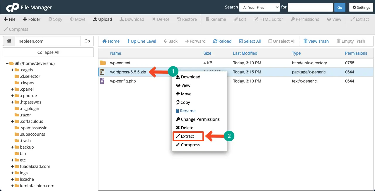 Extract the WordPress Zip File in File Manager