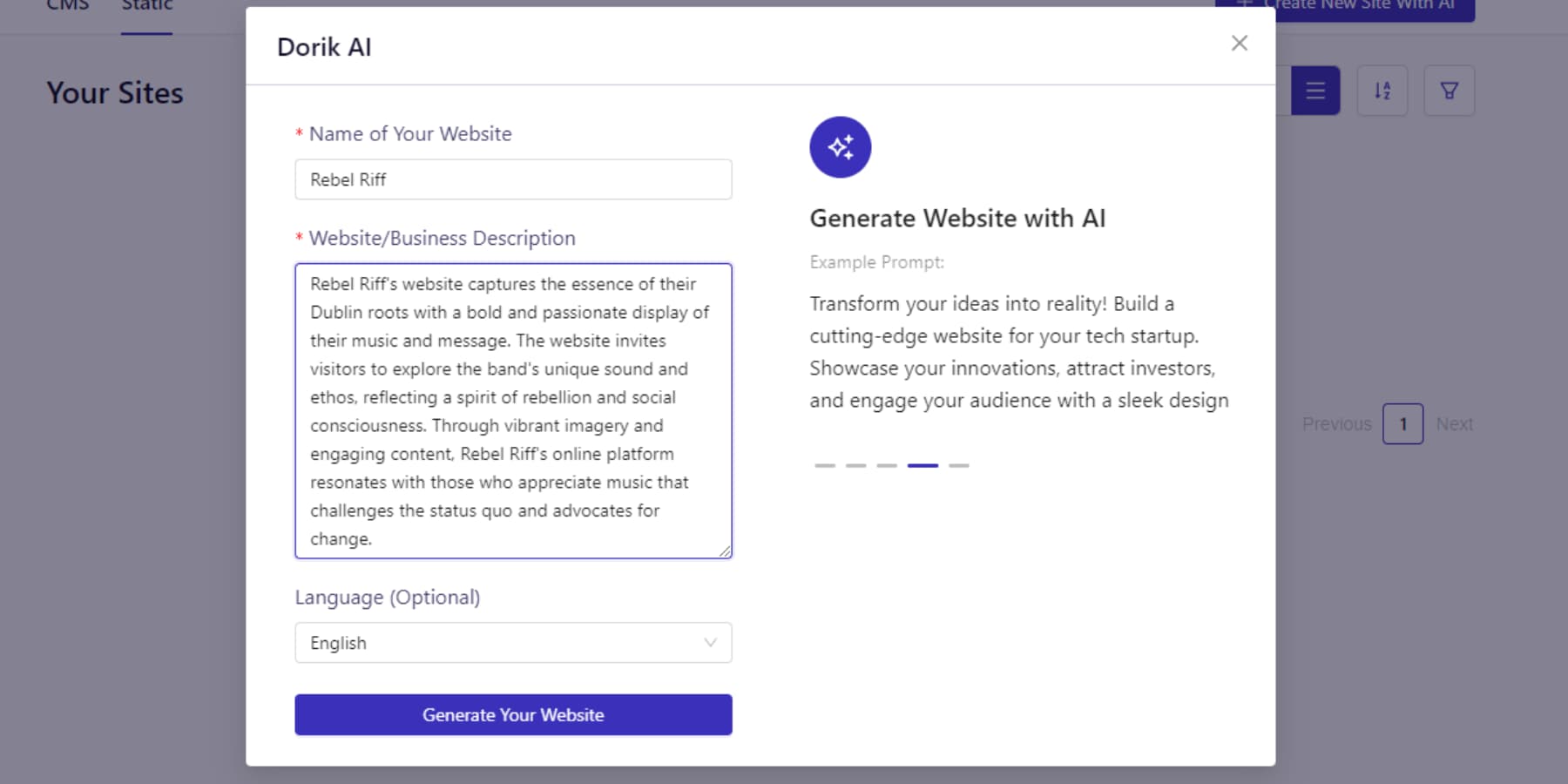 Скриншот добавления описания в поля AI builder Дорика.