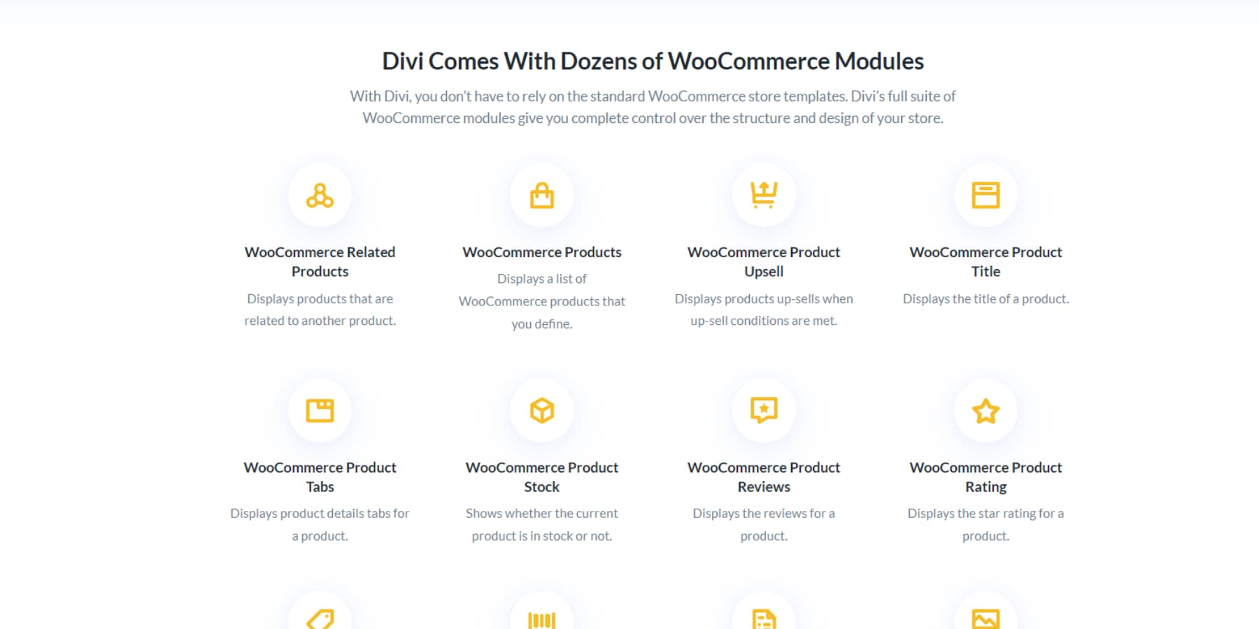 Una captura de pantalla de algunos de los módulos WooCommerce de Divi