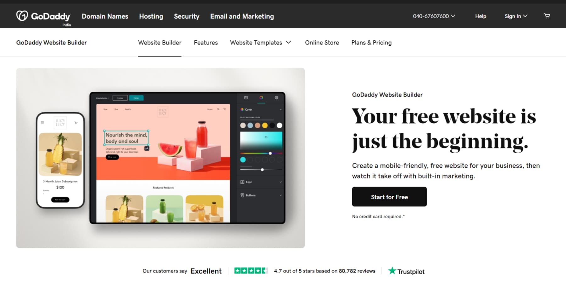 Ein Screenshot der Homepage von Godaddy Website Builder