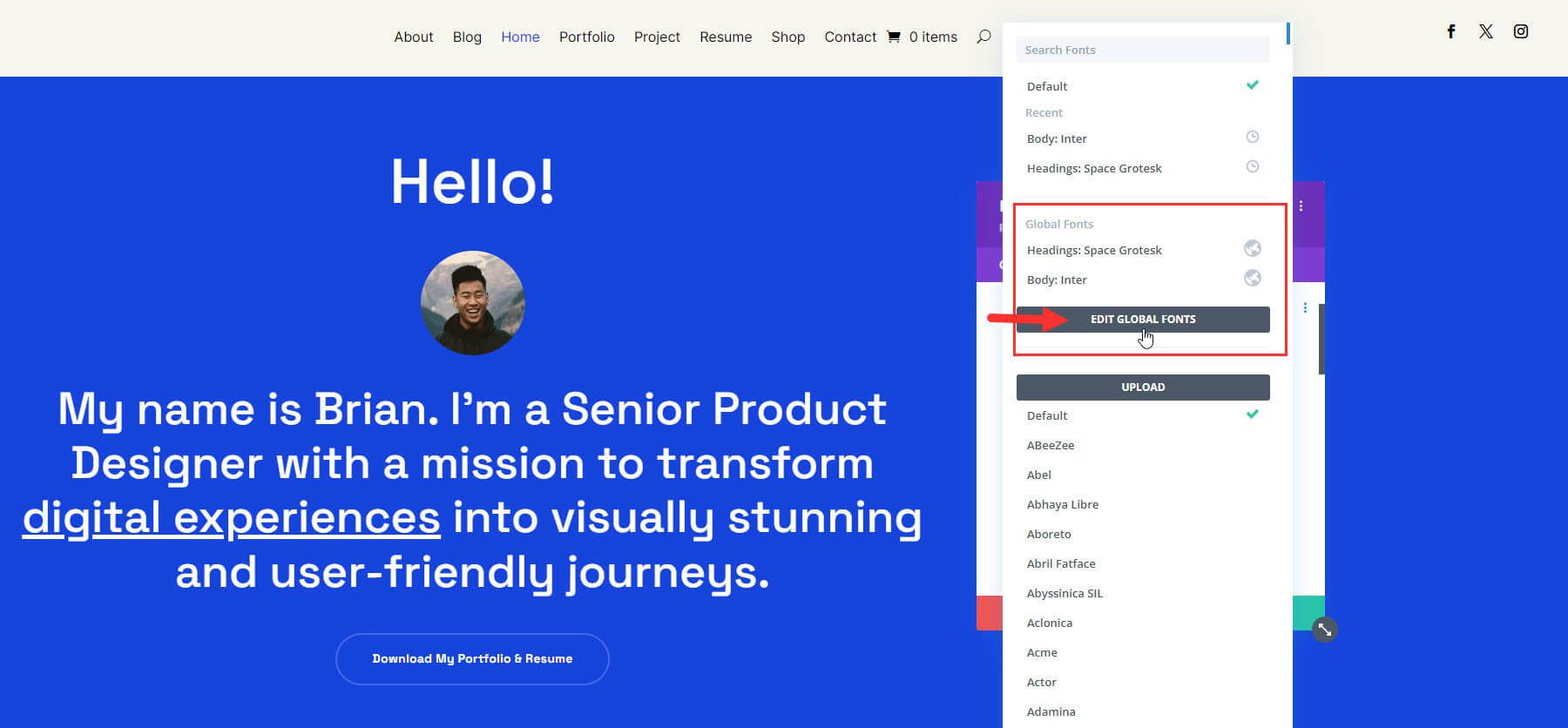 在 Divi 中編輯全域字體