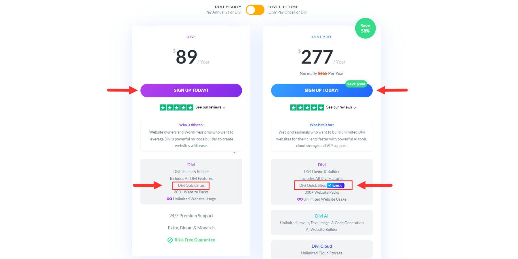 Divi-Preispläne – Divi und Divi Pro