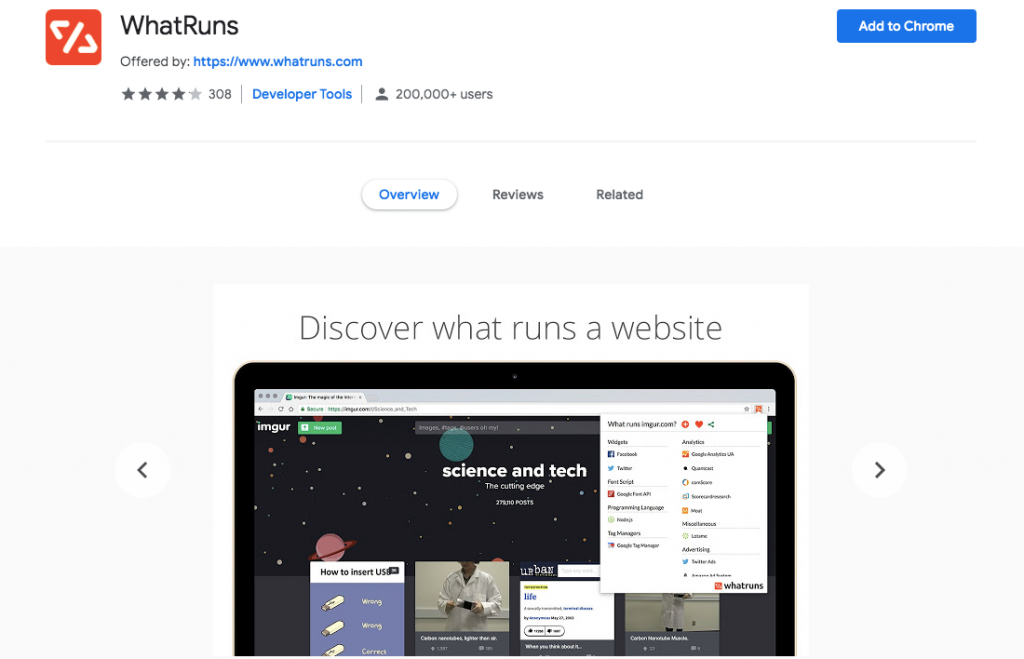 ส่วนขยาย WordPress ของ Chrome WhatRuns