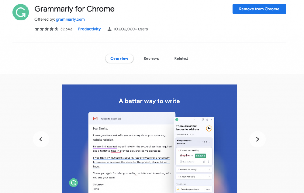 Расширение Grammarly Chrome для WordPress