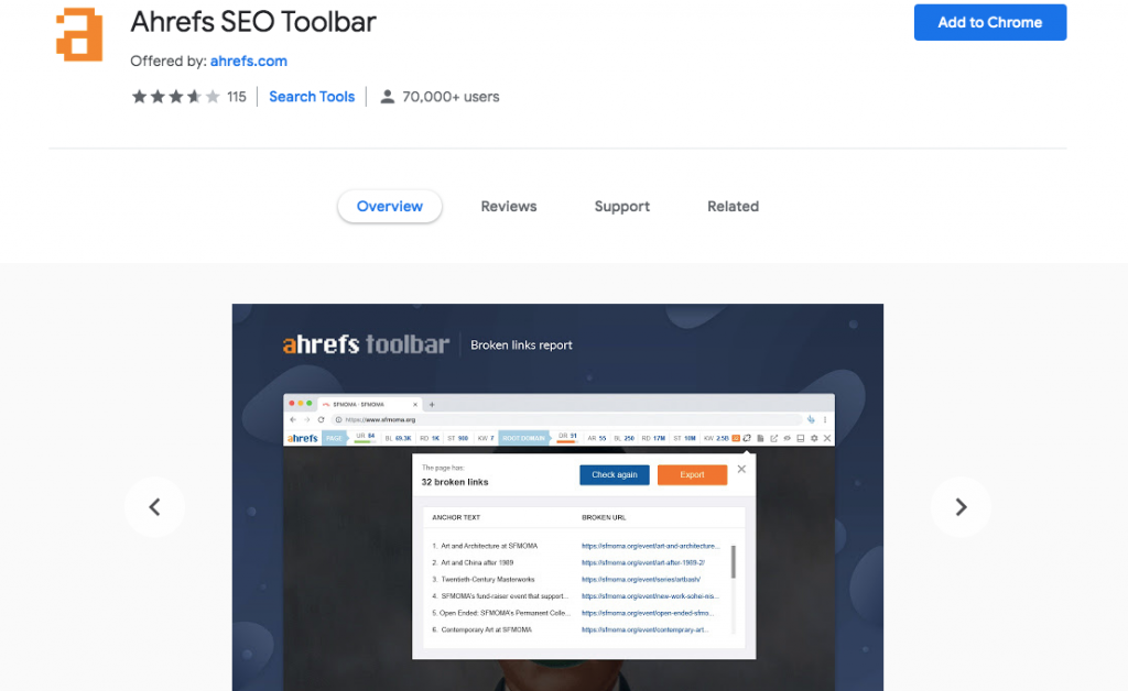 ملحق Chrome لأداة Ahrefs SEO