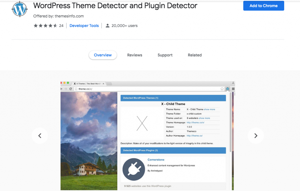 Detector de temas de WordPress Extensión de Chrome WordPress