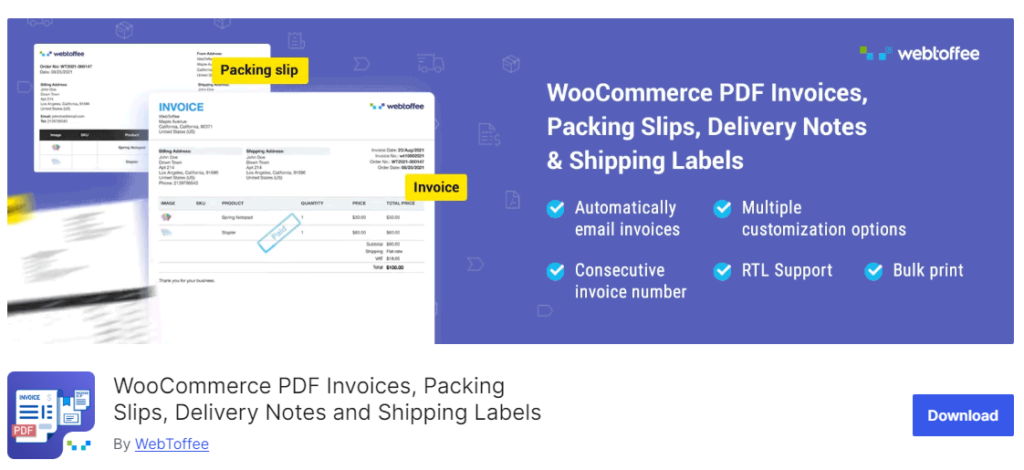 Faturas em PDF WooCommerce, guias de remessa, notas de entrega e etiquetas de remessa