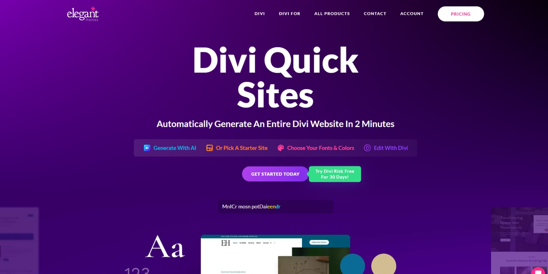 Una captura de pantalla de la página de inicio de Divi Quick Sites