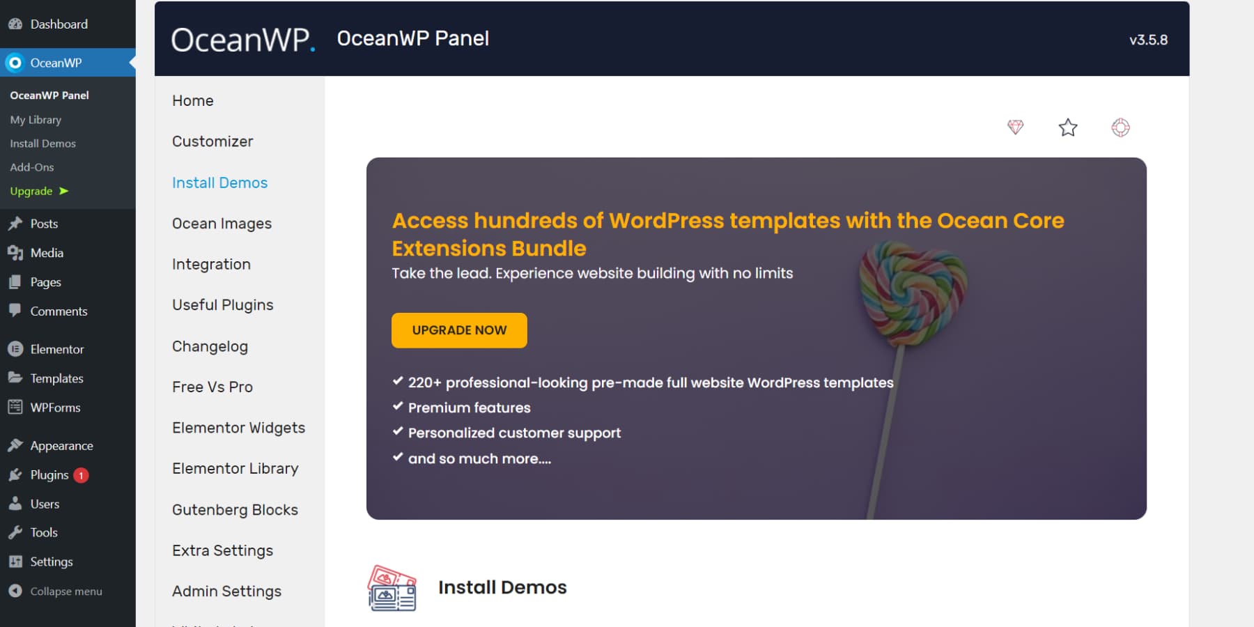 Uma captura de tela de algumas das interfaces de usuário desajeitadas e carregadas de upsell do OceanWP