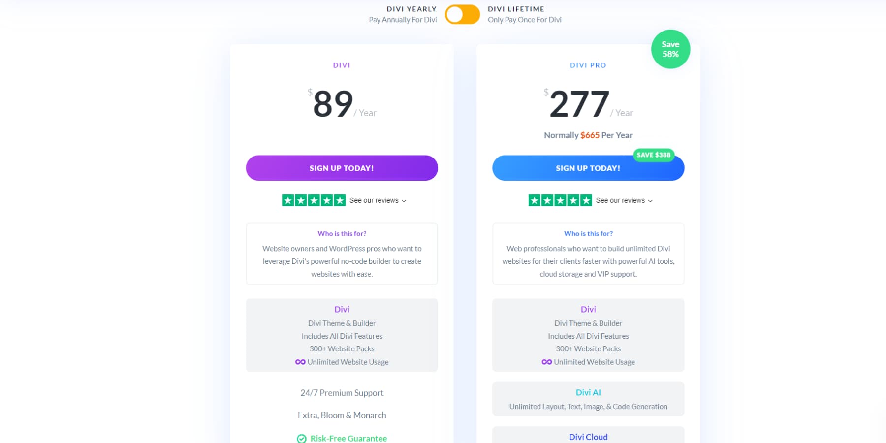 Divi の年間価格のスクリーンショット