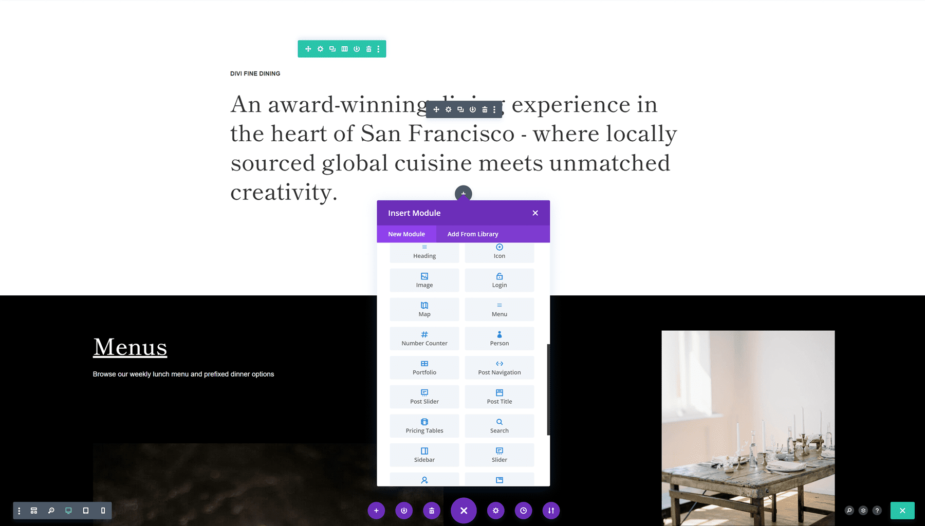 페이지 내부에 Divi 모듈을 추가하는 스크린샷