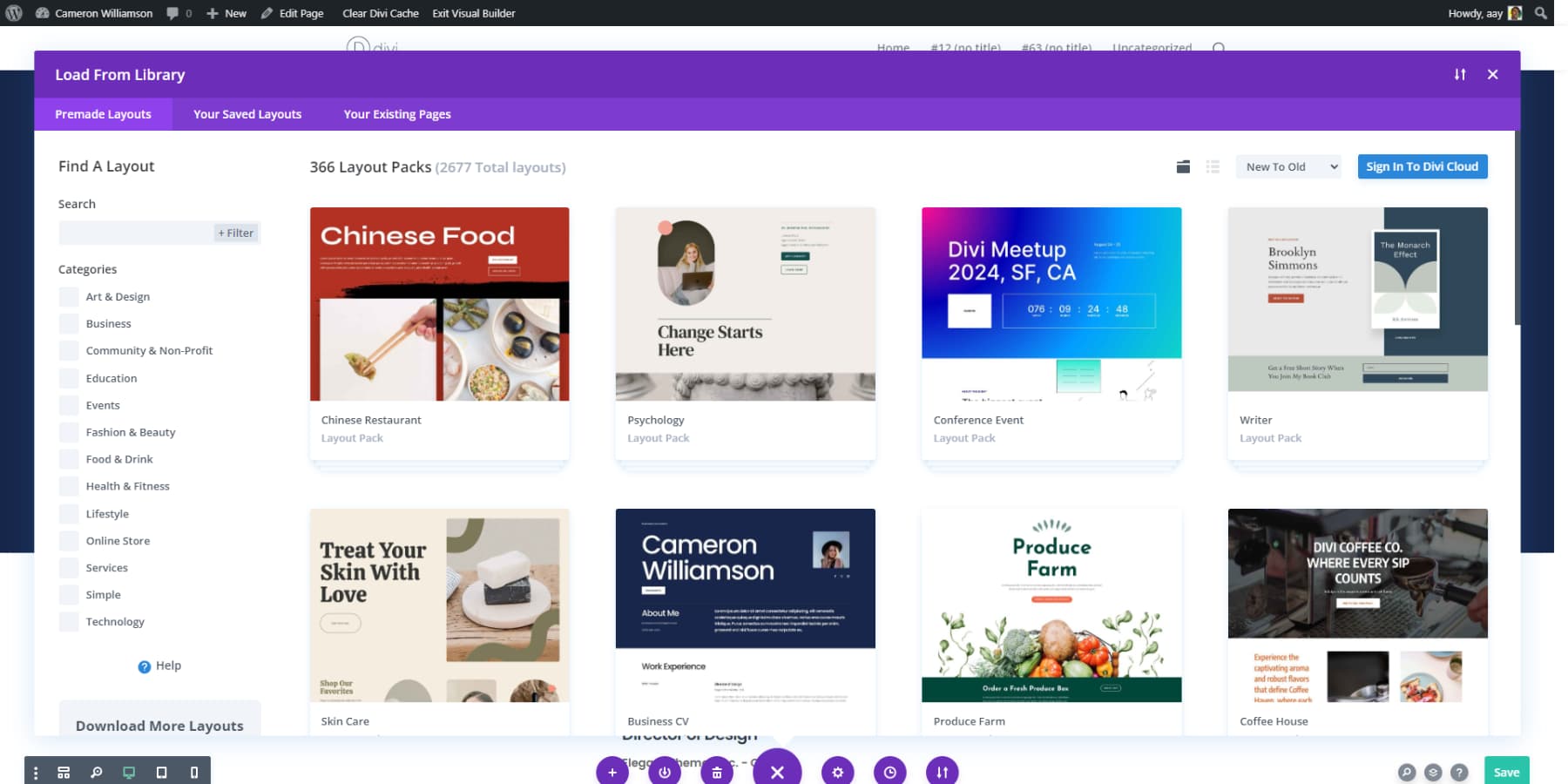 Ein Screenshot von Divi-Layouts, auf die über Divi-Editor zugegriffen werden kann