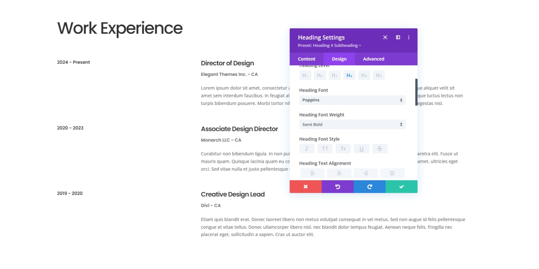 Divi のカスタマイズ オプションのスクリーンショット