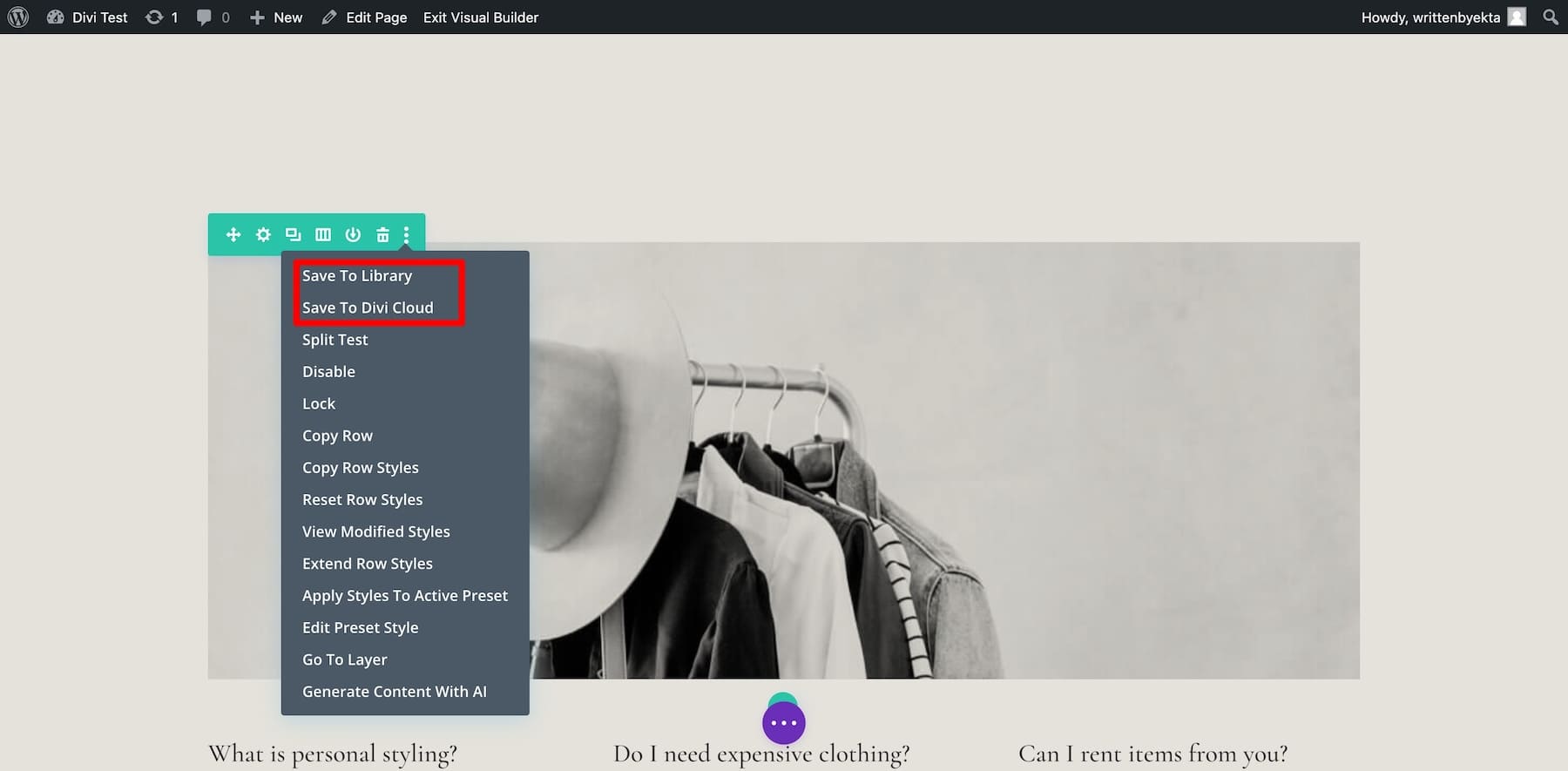 حفظ في مكتبة Divi أو خيارات Divi Cloud