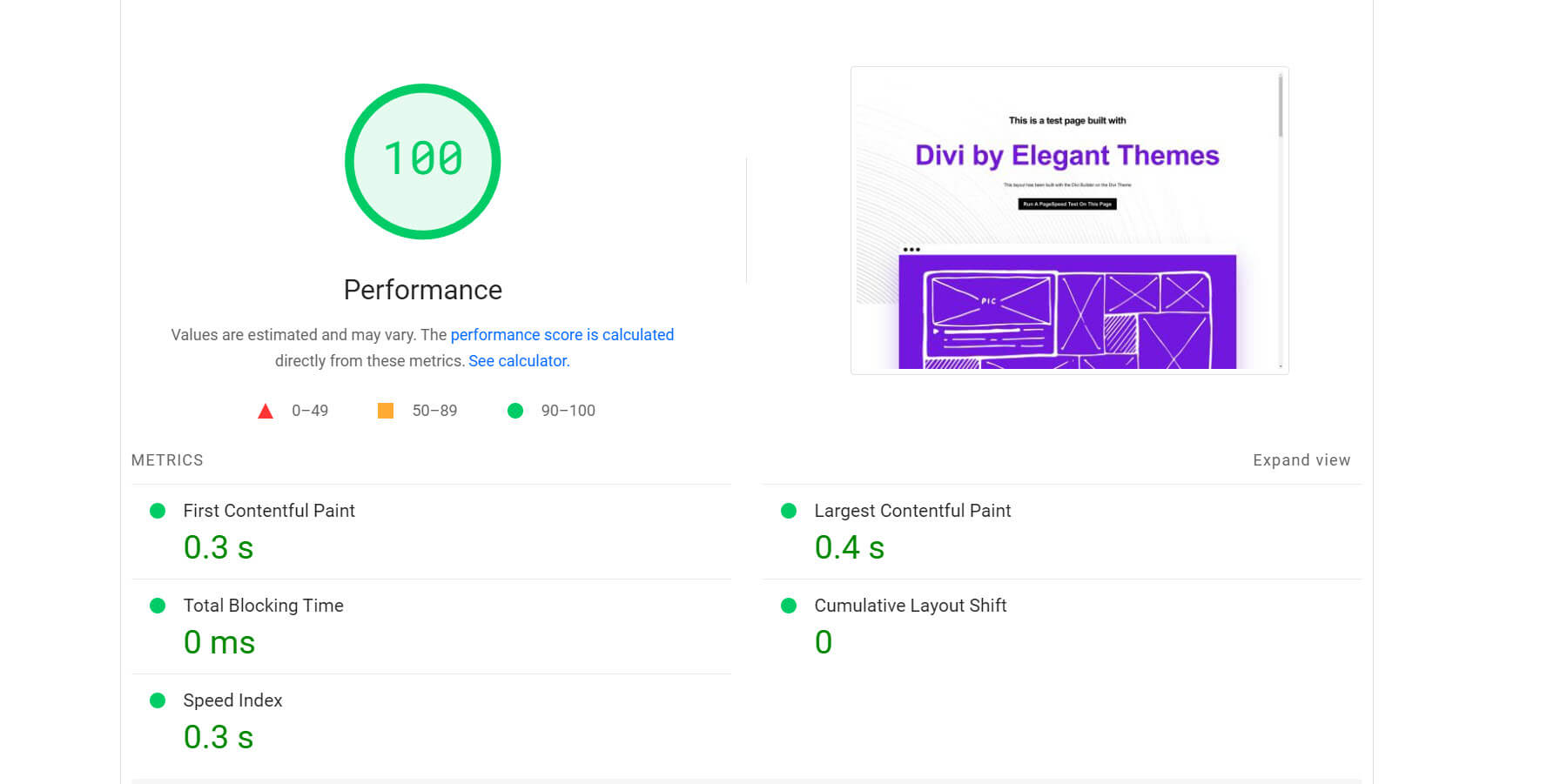 Scorul de performanță al site-ului de testare divi