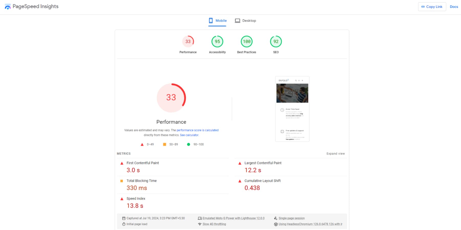 Enfold'un performansının ekran görüntüsü