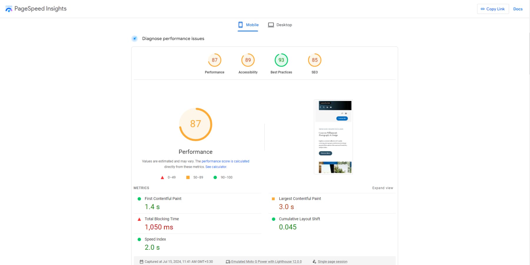 Une capture d'écran des performances de Divi