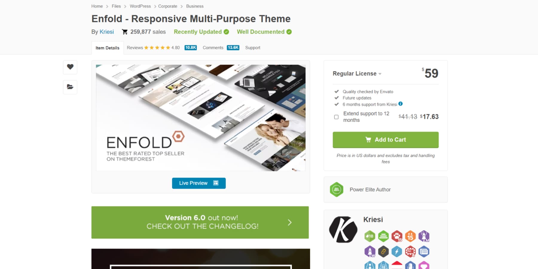 ภาพหน้าจอของหน้าแรกของ Enfold บน Themeforest