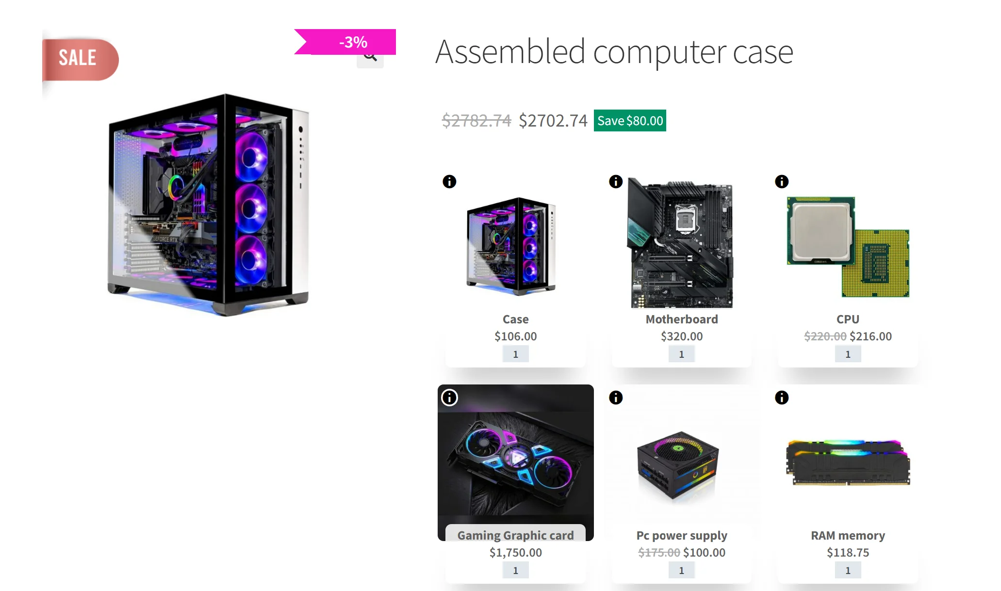 Un paquete de productos que muestra una serie de componentes para un producto de ensamblaje: una PC en este caso.