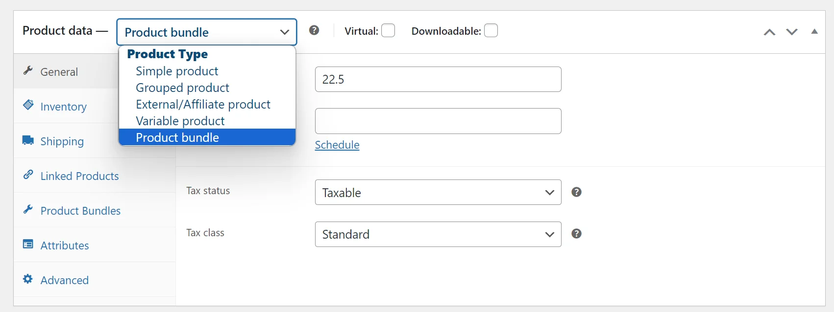 Scegliendo l'opzione Pacchetto di prodotti dal menu a discesa Tipo di prodotto all'interno di una pagina di prodotto WooCommerce.