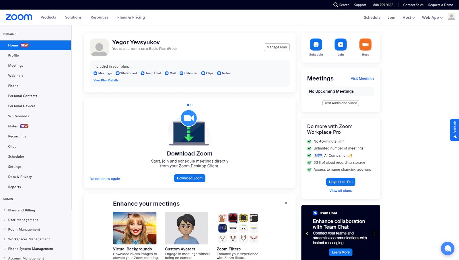 Visualisierung des Website-Dashboards der App, gesehen von neu registrierten Benutzern, die daran interessiert sind, ein Zoom-Meeting zu erstellen.